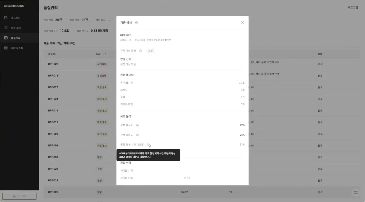 CausalRoboQC 제품 상세 화면의 규칙 등급, 작업 이력과 보조 분석 지표